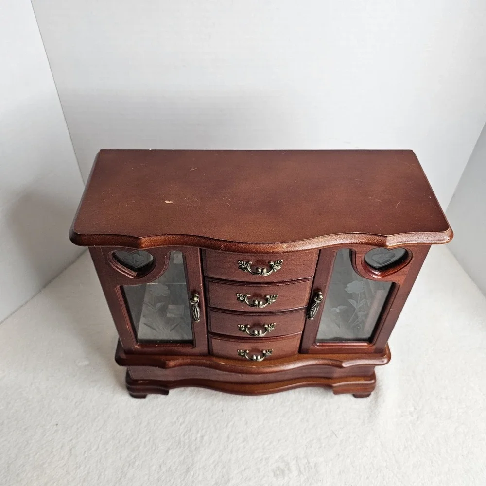 Wood Jewelry Box Chest w/ Mirror, Velvet Lined, Ring Holder, Heart, Brown